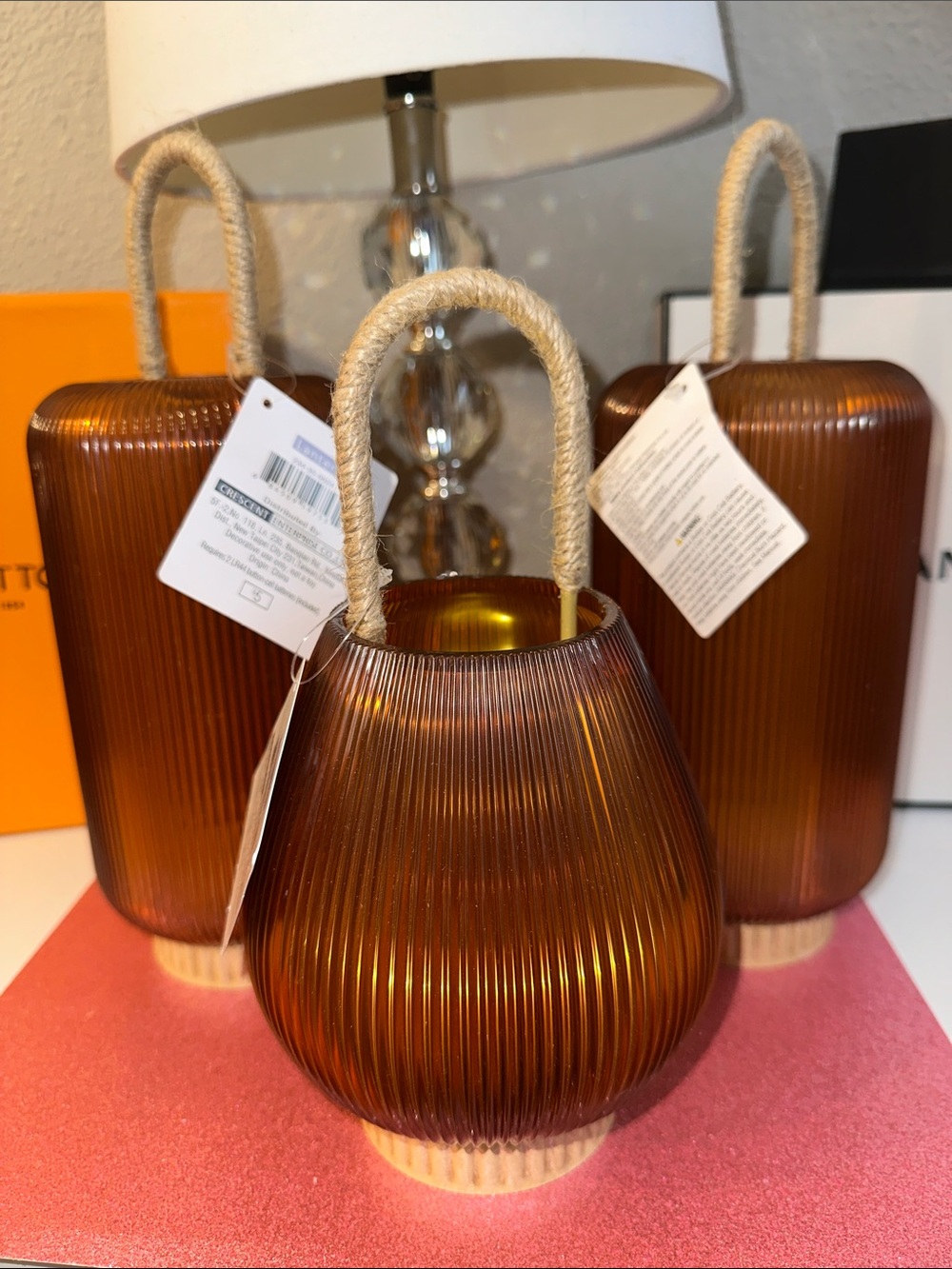 Unlisted Amber Ribbed Plastic Lantern with Rope Handle